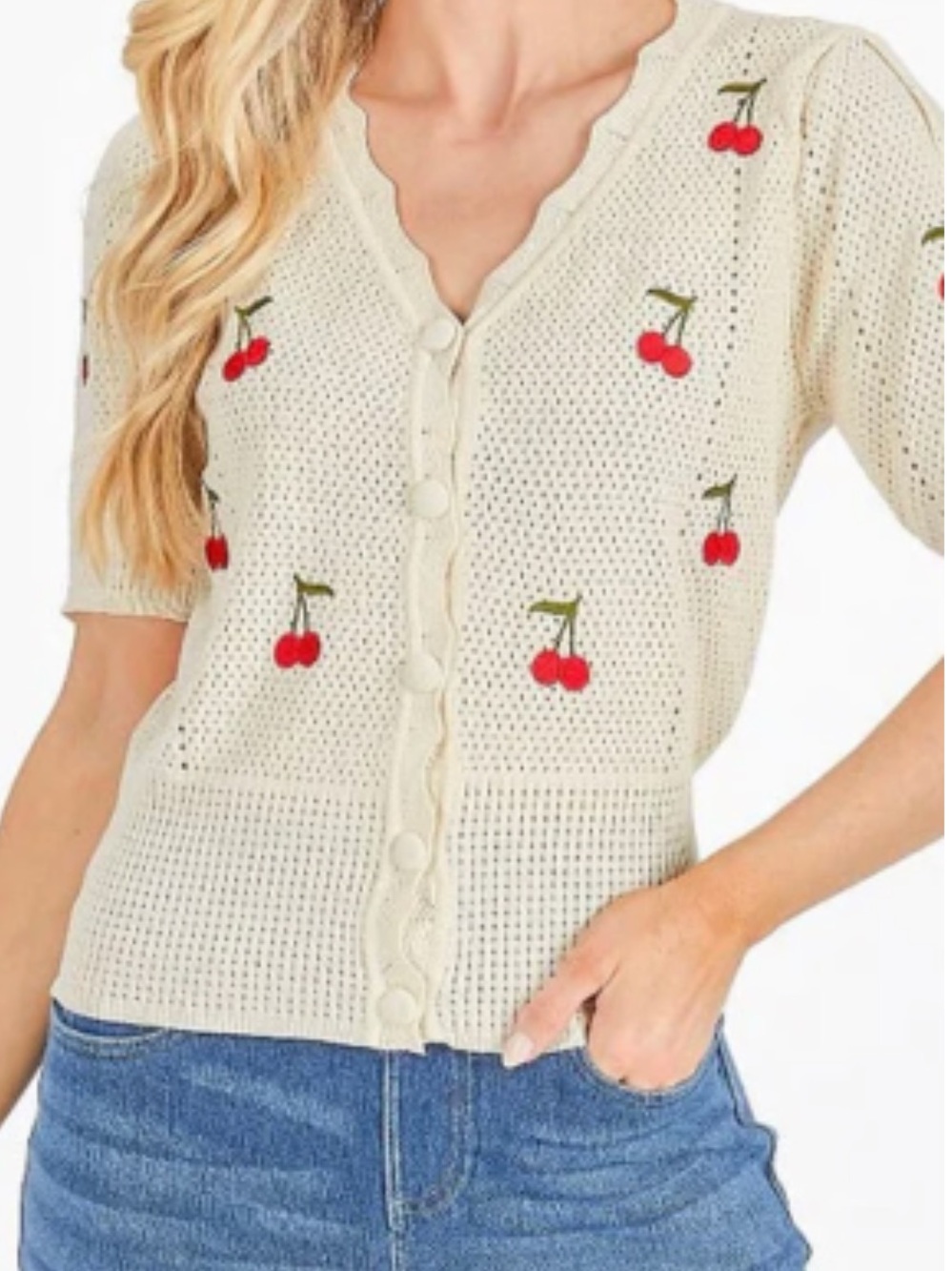 Simply Southern Isabella Cream Cherry Button-Up Knit Cardigan Sz L Short Sleeve